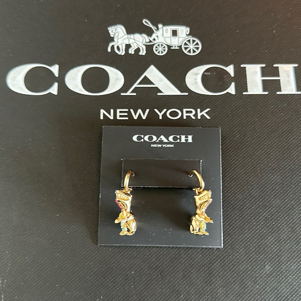 NWT Coach Pavé Rexy Huggie Earrings Dinosaur Crystal Rainbow Hanging Hoop Post - Picture 8 of 9